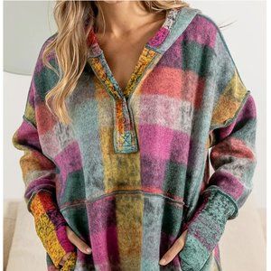 Colorful Plaid Hooded Sweatshirt, Loose Long Sleeve, Thumb Hole Pullover
